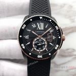 Swiss Fake Calibre De Cartier Diver watch Black PVD Case Rose Gold Fluted Bezel